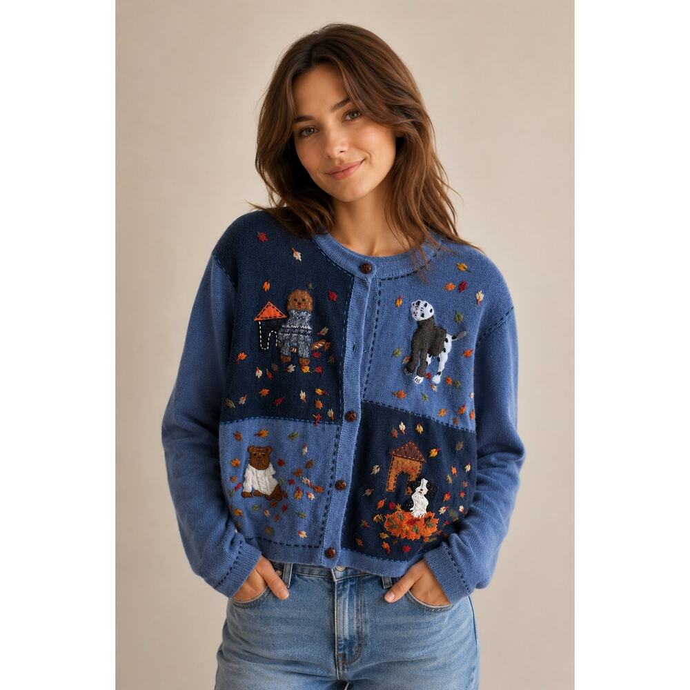 ALL POINTS by Reference Point Whimsical Dog Cardigan Sweater XL Cottagecore Blue